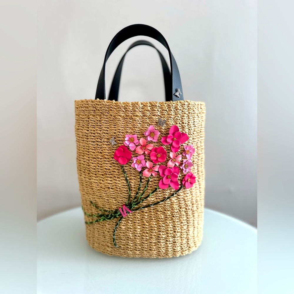 Luxury Straw Bag with Genuine Gemstone Hand Embroidery Leather Handles
